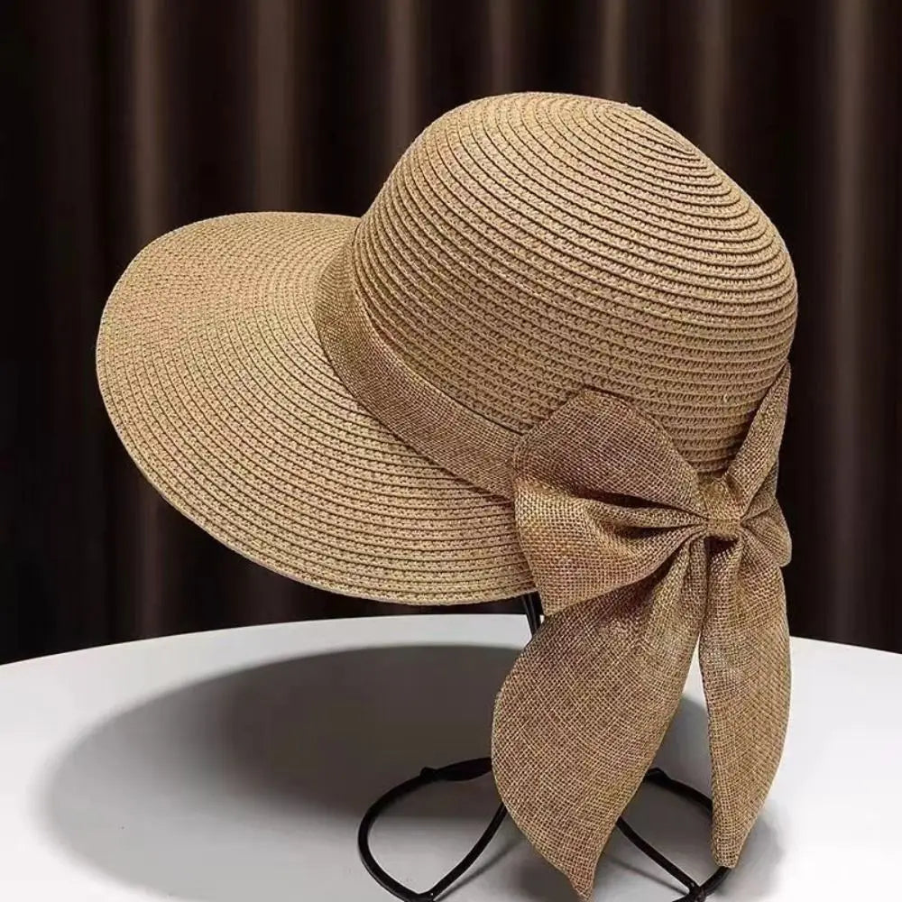EtherealBe Panama bowknot bucket sun hat in natural color with stylish wide brim