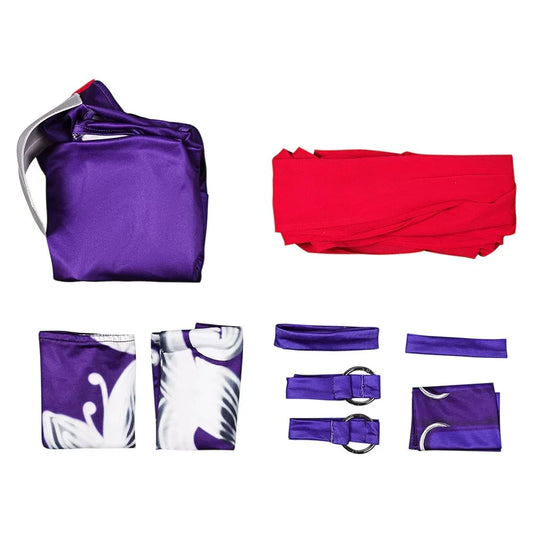 Psylocke cosplay costume accessories including purple fabric, red sashes, and costume details for a complete look