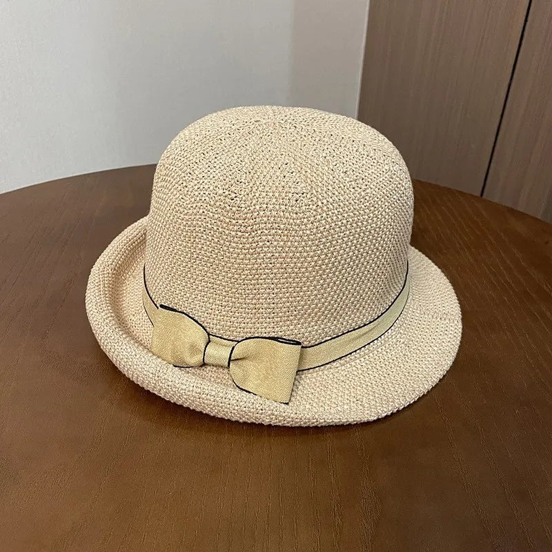 EtherealBe retro French style fashion bucket hat with a decorative bow in natural color