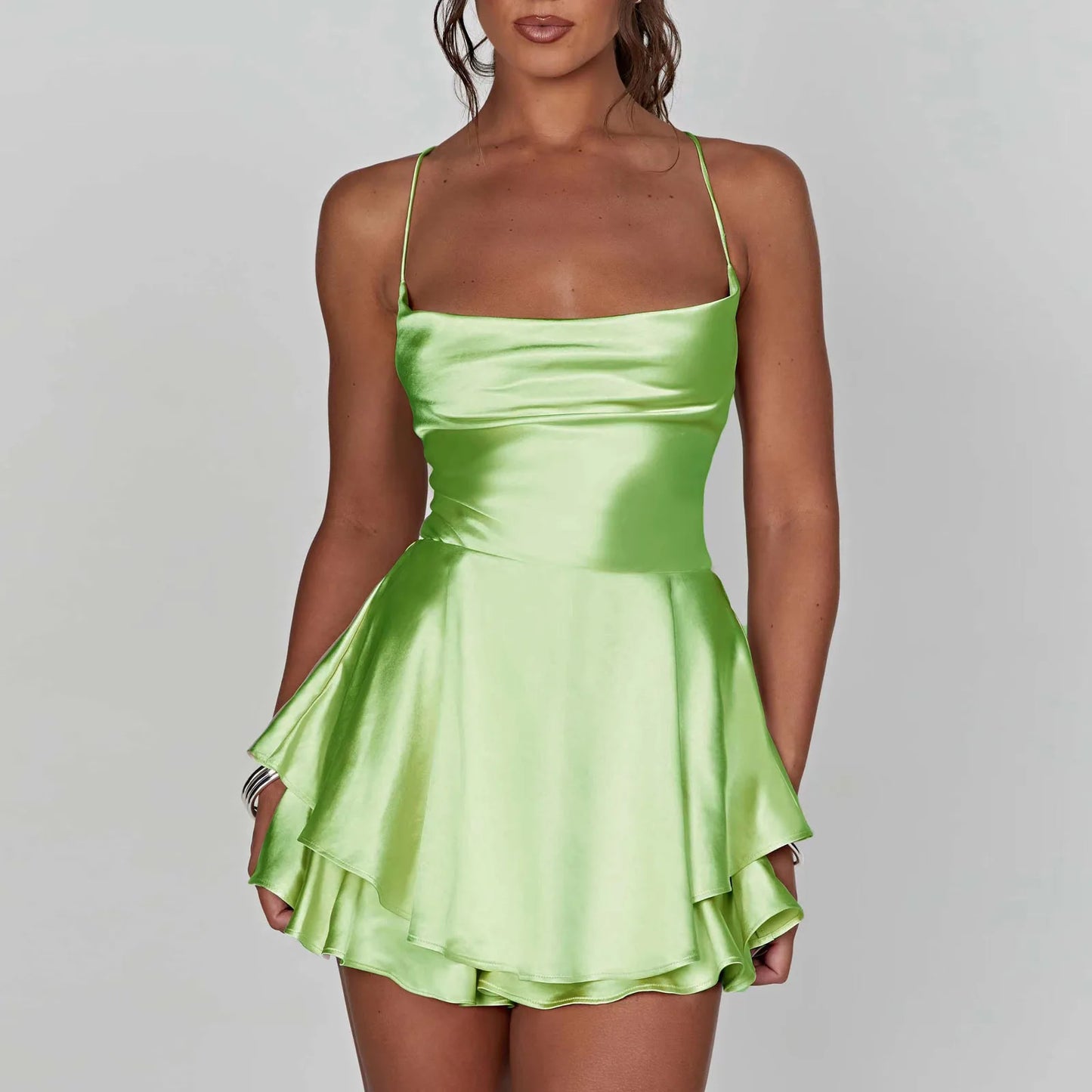 EtherealBe satin silk backless cami romper in vibrant green for stylish summer outings