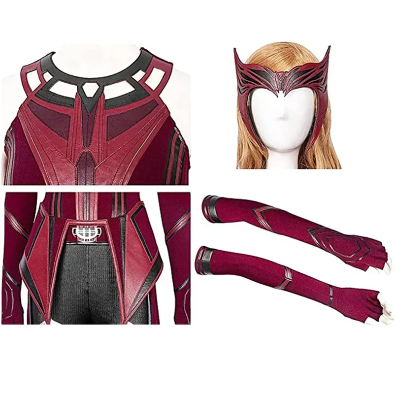 Scarlet Witch Wanda Vision Halloween cosplay costume featuring dress, headpiece, and arm sleeves
