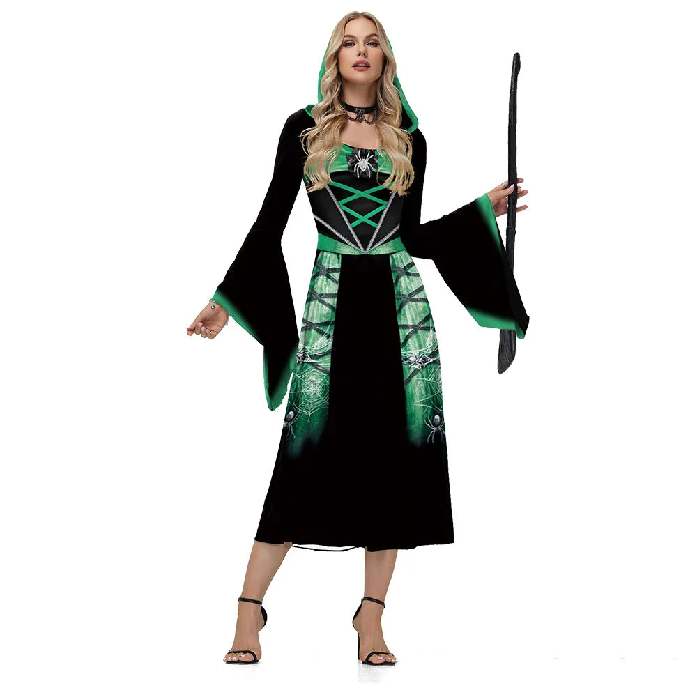 EtherealBe skeleton Halloween costume for women with a hood and spider design for a spooky look