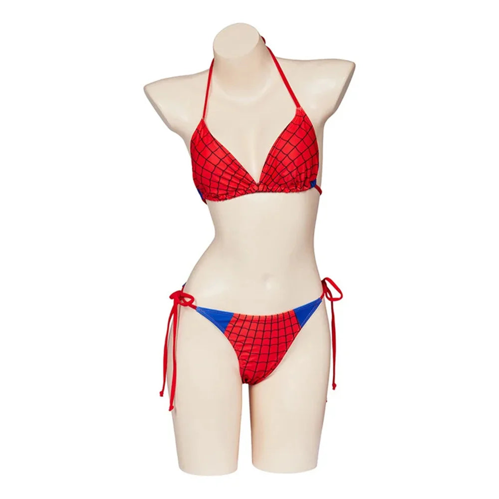 Red spider web print bikini swimwear featuring adjustable ties for a customizable fit