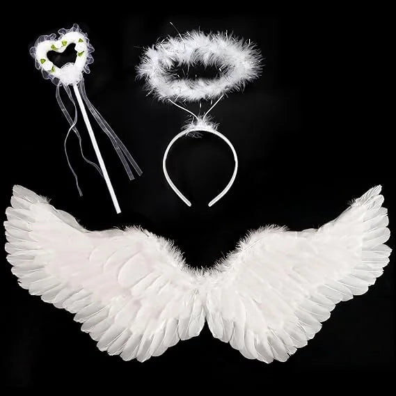 White feather wings with halo headband and heart wand adult fairy wand and halo costume set