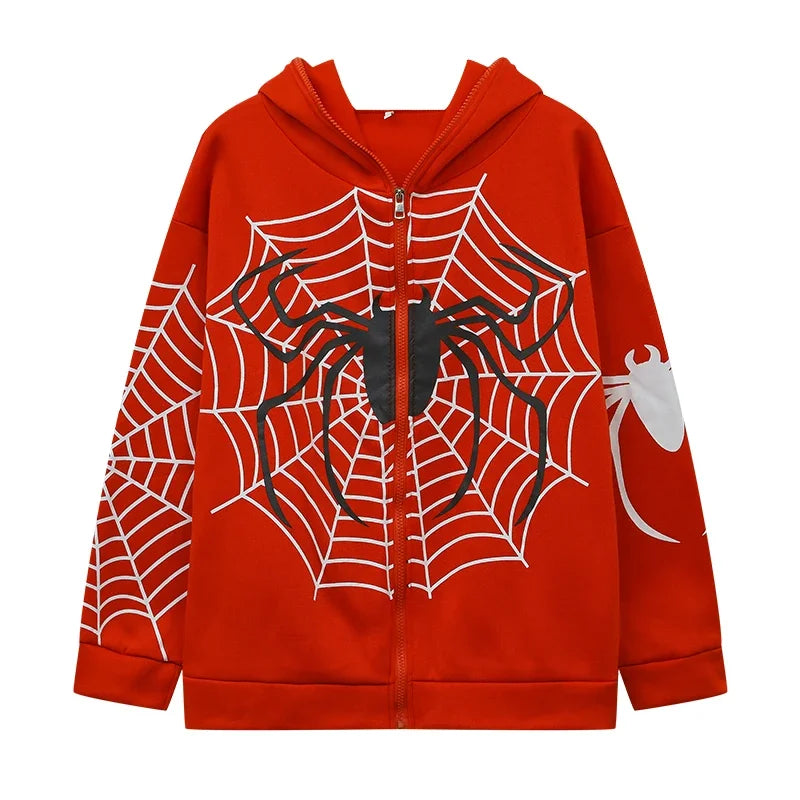 Red spider web zipper hoodie for women with black spider chest print and white web sleeves casual