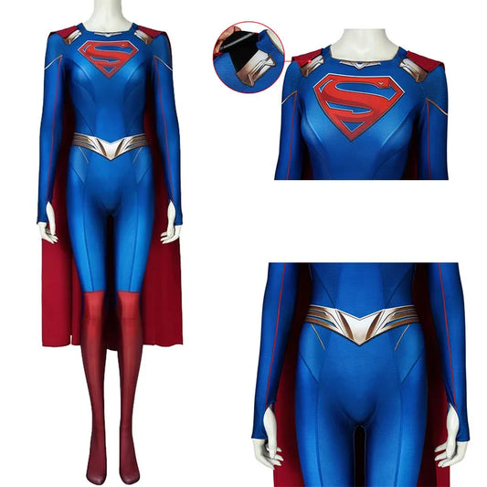 EtherealBe Supergirl Kara Zor Halloween costume cosplay featuring a vibrant blue bodysuit and cape