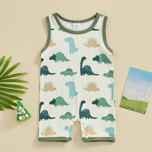 Toddler girl floral romper featuring a playful dinosaur print in green and pastel colors