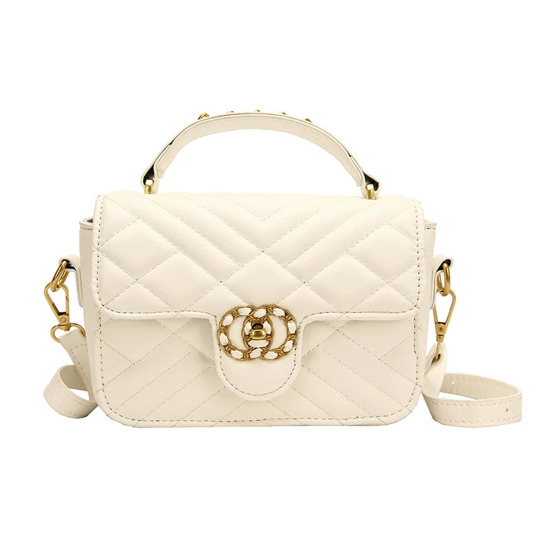 EtherealBe trendy solid color handbag in white with quilted design and gold hardware accents