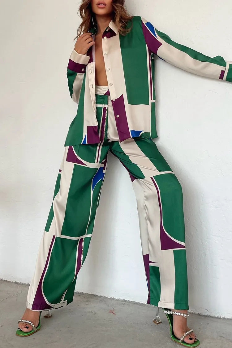 EtherealBe Abstract loose legged 2 piece set for women in green and cream with bold geometric patterns