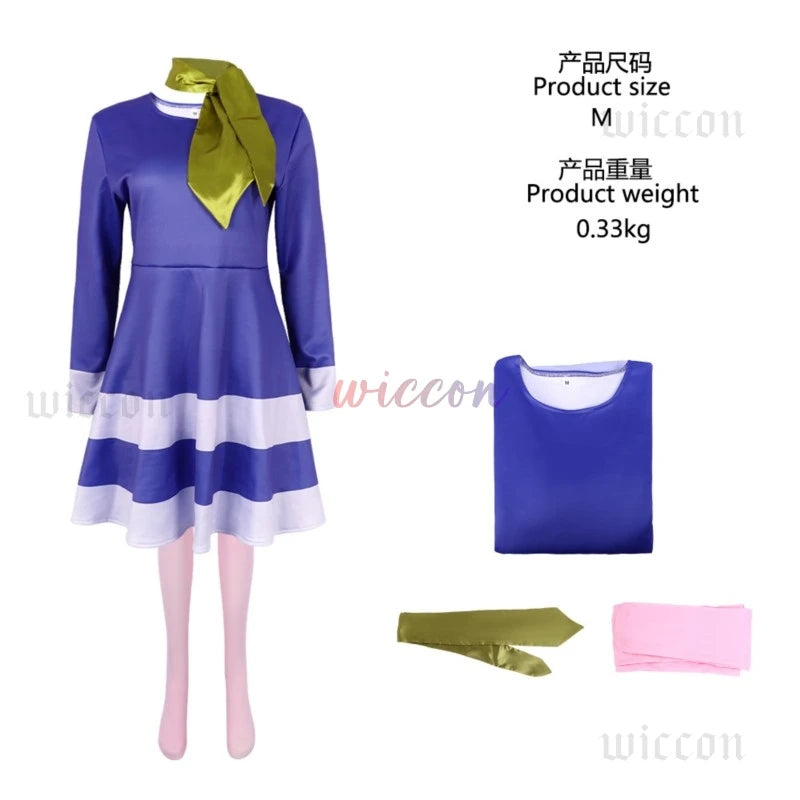 Daphne cosplay Halloween costume for women featuring a purple dress with white stripes and accessories
