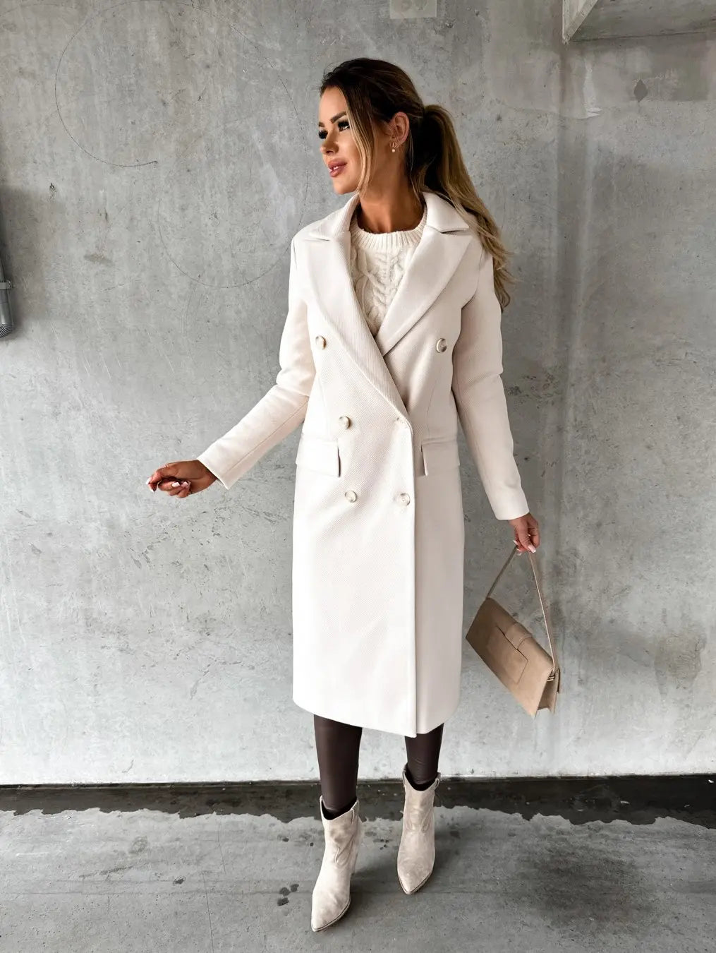 EtherealBe women's double-breasted wool coat in white, styled with a chic handbag and boots