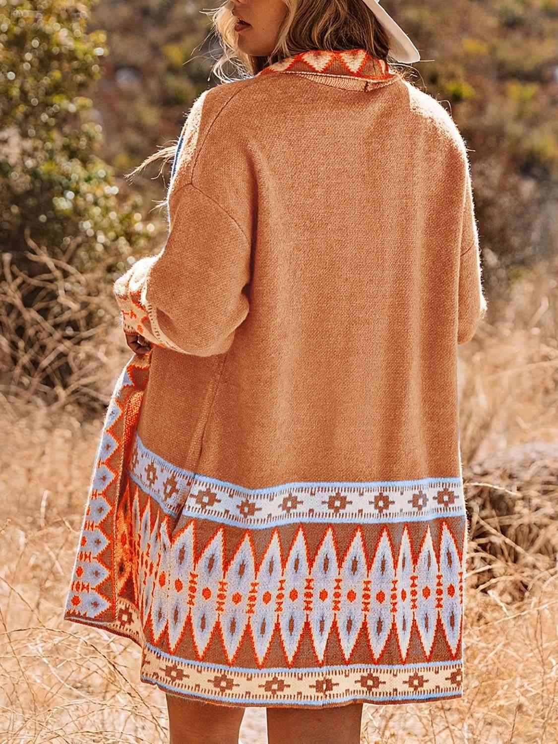 Plus Size Geometric Open Front Cardigan with Pockets