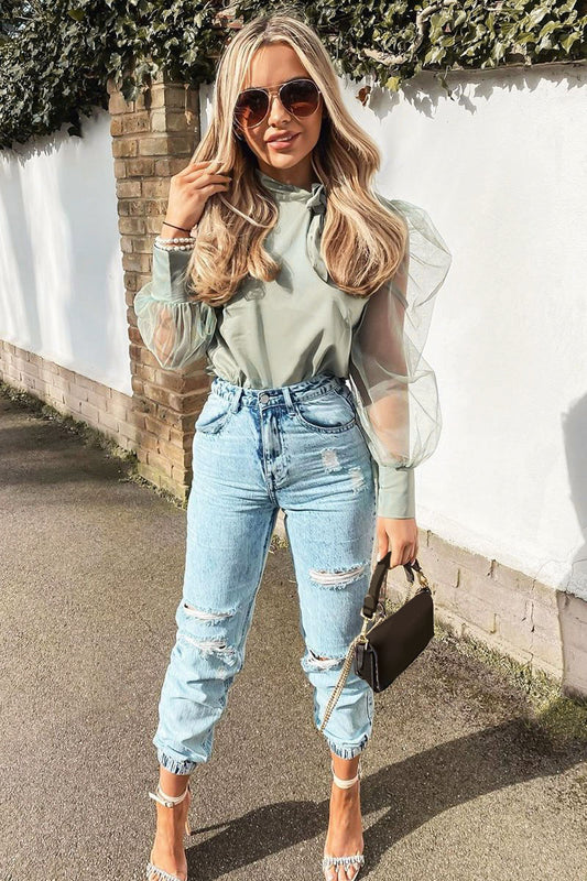 Elegant Puff Sleeves Mint Blouse