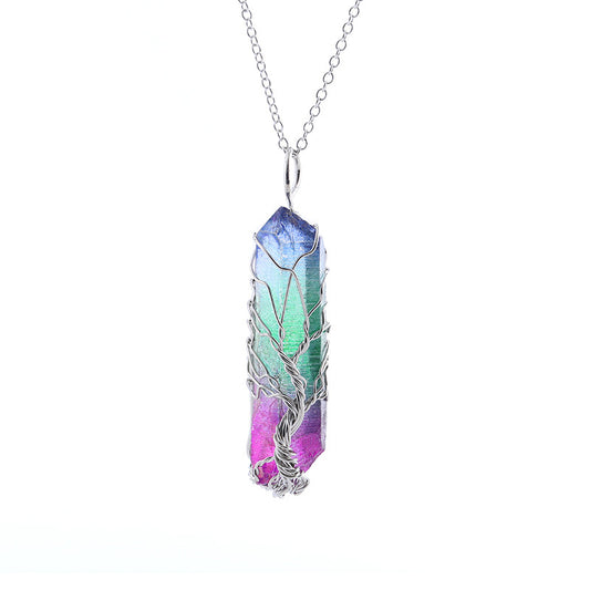 Dyed Natural White Crystal Column Tree Of Life Pendant Necklace