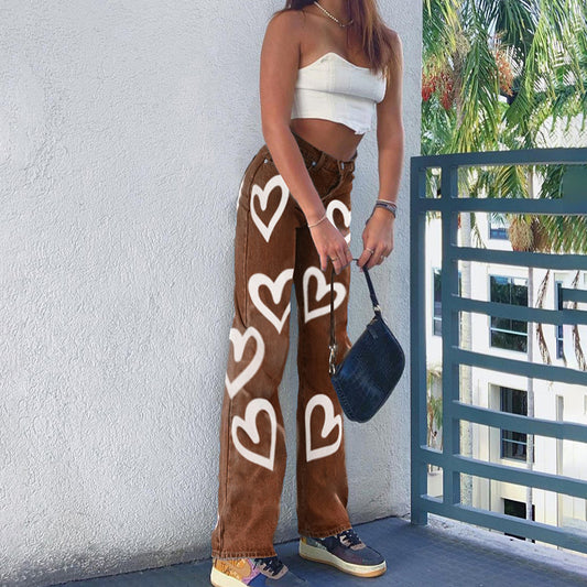 Graffiti Print Loose Straight Jeans Women's Fashion High Waist Casual Pants