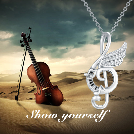 Sterling Silver Music Note with Dream Wing Piano Treble Clefs Necklace