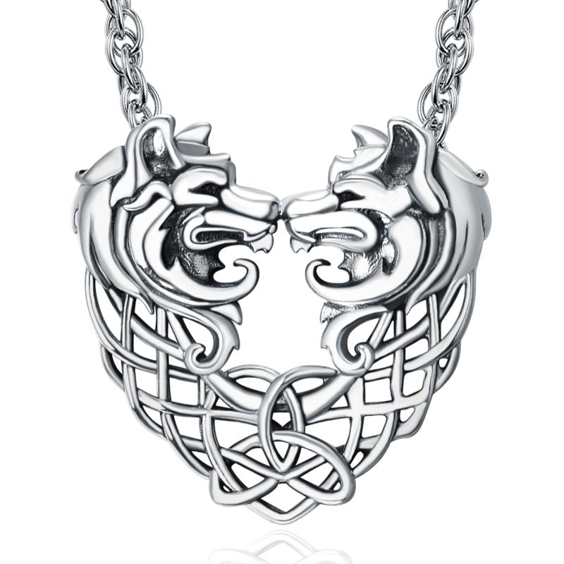 Wolf Necklace Sterling Silver Wolf Pendant Celtic Knot Double Wolf Jewelry Gifts for Women Man