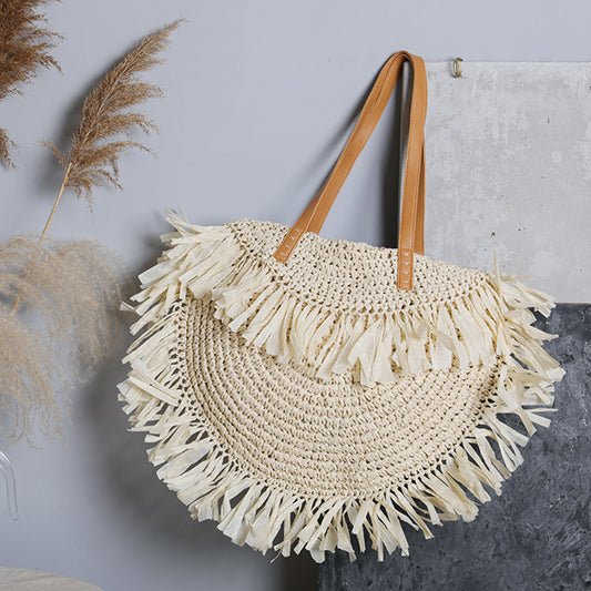 Simple Tassel Straw Shoulder Bag Women Design Handbag Bohemian Round Woven Large Capacity Tote Summer Beach Travel Shopper Purse