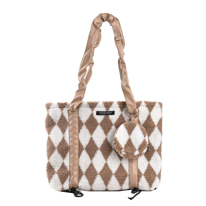 Diamond Check Color Contrast Personality Plush Coin Purse Pendant