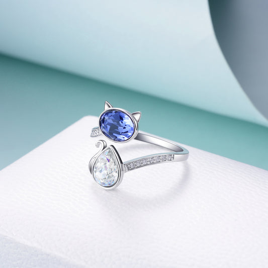 Sterling Silver Cat Ring Blue Purple Crystals from Austria Cute Pet Kitten Kitty Adjustable Open Ring