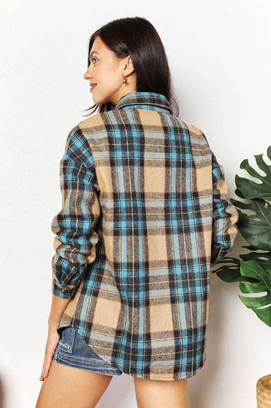 Double Take Plaid Curved Hem Shirt Jacket with Breast Pockets