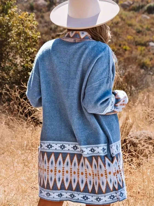 Plus Size Geometric Open Front Cardigan with Pockets