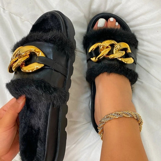 2021 Winter Plush Slippers Fashion Open Toe Solid Color Women's Sandals Metal Chain Outdoor Casual Women's Shoes Fashion Shoes