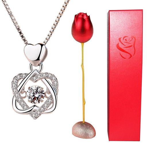 Rose Holder Eternal Love Necklace Set Romantic Rhombus Zircon Pendant With Immortal Valentines' Day Gifts