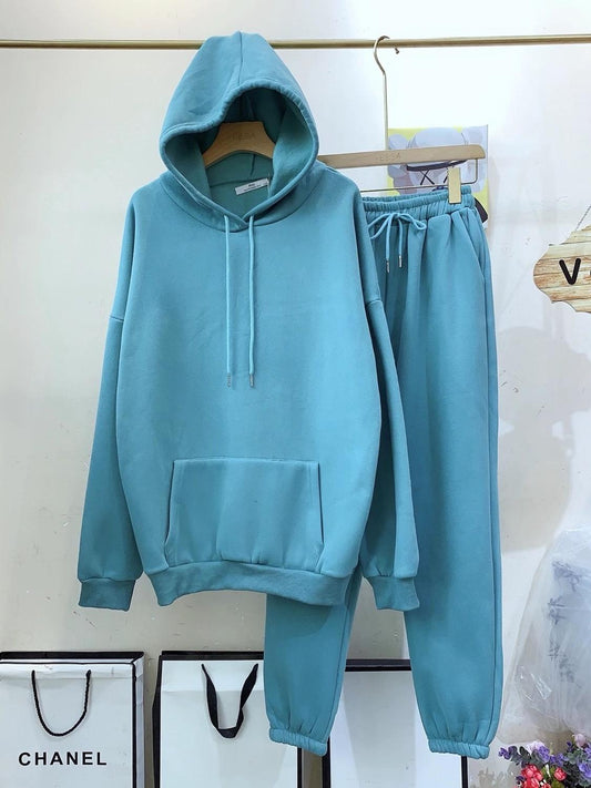 ALPHALMODA New Winter Hooded Sweatshirt Pants 2pcs Set Seasonal Trendy Thickened Warm Fleece Tracksuits Trousers Set Candy Colo
