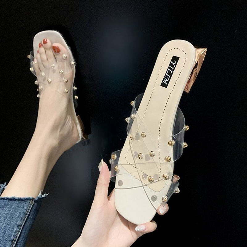 shoes summer female Sandals slipper Wear out Diamond shoes fashion Thick heel high-heeled shoes Middle heel