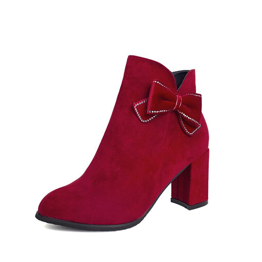 Women's Wedding High Heels Sexy Fashion Bow 2022 Winter New Warm Plush Ankle Boots Zipper Fleece Lined Pointed Toe Botas Mujer