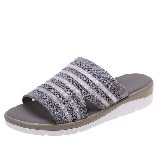 Slippers Women's 2022 Summer New Fashion Open-toe Hollow Round Head Flip-flops Flat Bottom Gray Fish Mouth Wedge Sandalias Mujer