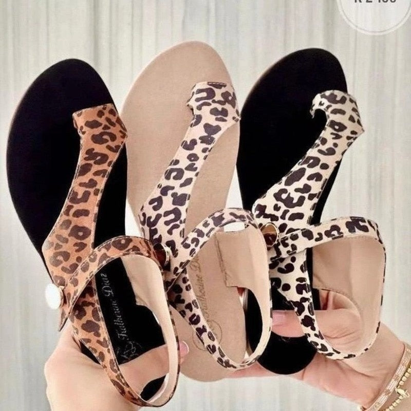 Women's Sandals 2022 Summer New Fashion Outdoor Leopard Print Clip-toe Round Head Beach Trend Flat Flip-flops Plus Size 35~43