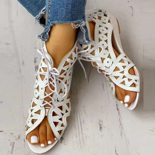 2022 New Women's Gladiator Sandals Summer Retro Wedge Lace Up Mesh Shoe Casual Open Toe One Word Buckle Sandals Plus Size 36~42