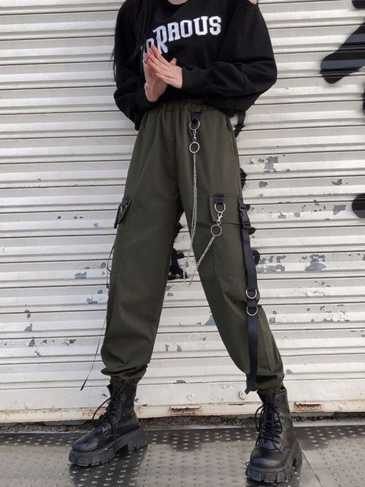 EtherealBe olive green cargo style fashion jogger pants for women with chains rings straps and elastic waist