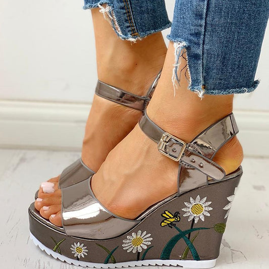 Women's Sandals 2022 Summer New Beach Open Toe Print Fish Mouth Shoes Fashion Buckle Platform Versatile Wedge Lady Roman Sandals