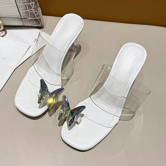 Women's Sexy Heels 2022 Summer New Transparent Butterfly Decorative PVC Crystal Slippers Fashion Open Toe Round Toe Women Pumps