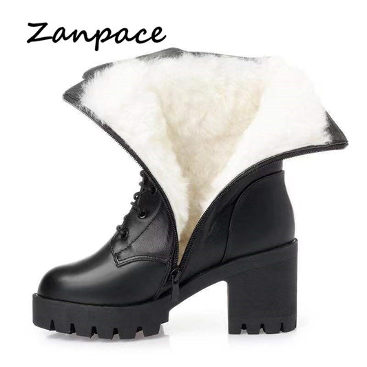 Winter Leather Women Winter Boots Thick Wool Warm Women High-heeled Genuine Boot High-quality Female Snow Boots Women Shoes