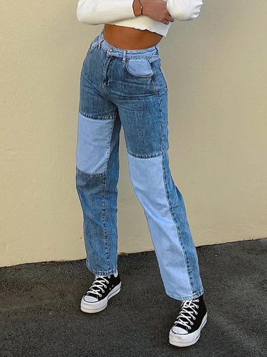 HEYounGIRL Patchwork Casual Blue Straight Long Jeans Pants Women Skinny Slim Elegant High Waist Denim Trousers Ladies Autumn