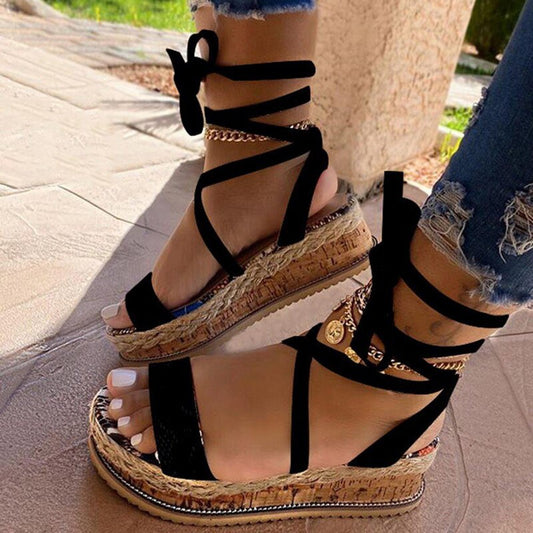 Women's Roman Sandals Leopard Print Ethnic Fashion Print Platform Cross-Tie Open Toe Beach Shoes Casual Wedge Heels Plus Size 43