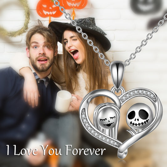 Nightmare Before Christmas Necklace Sterling Silver Jack Skellington and Sally Infinity Heart Necklace