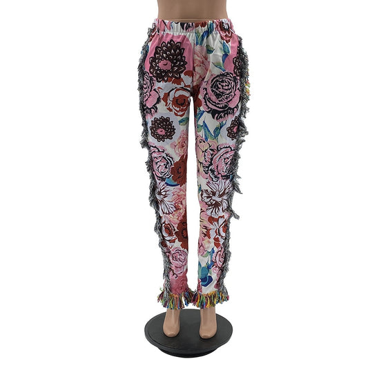 EtherealBe tassel patchwork striped pants with floral patchwork side tassel fringe and elastic waist for festival wear