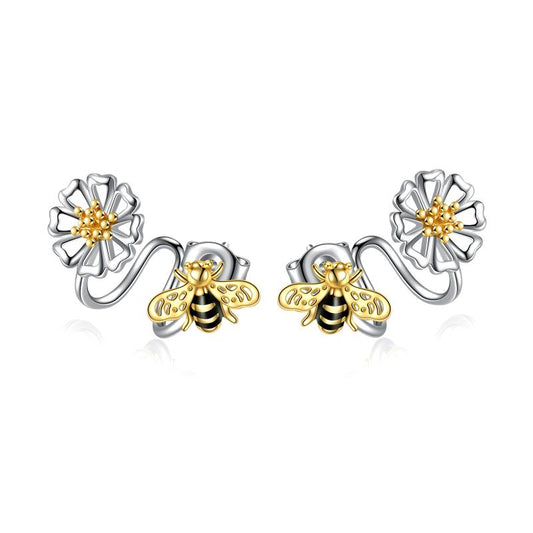 925 Sterling Silver Bee Sunflower Ear Climber Crawler Cuff Wraps Earrings For Women Girls
