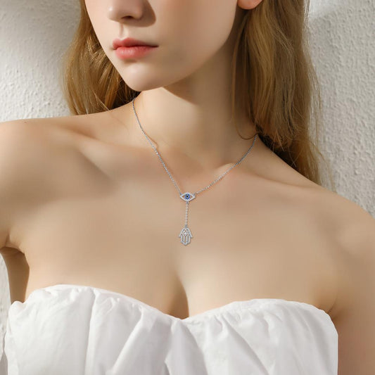 925 Sterling Silver Hamsa Hand Evil Eye Pendant Cubic Zirconia Protection Amulet Necklace