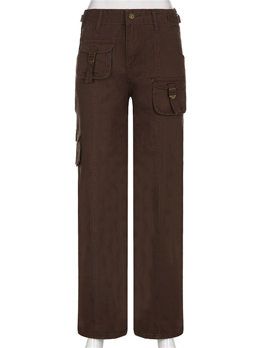EtherealBe brown cargo grunge streetwear straight leg pants with utility pockets and brass hardware