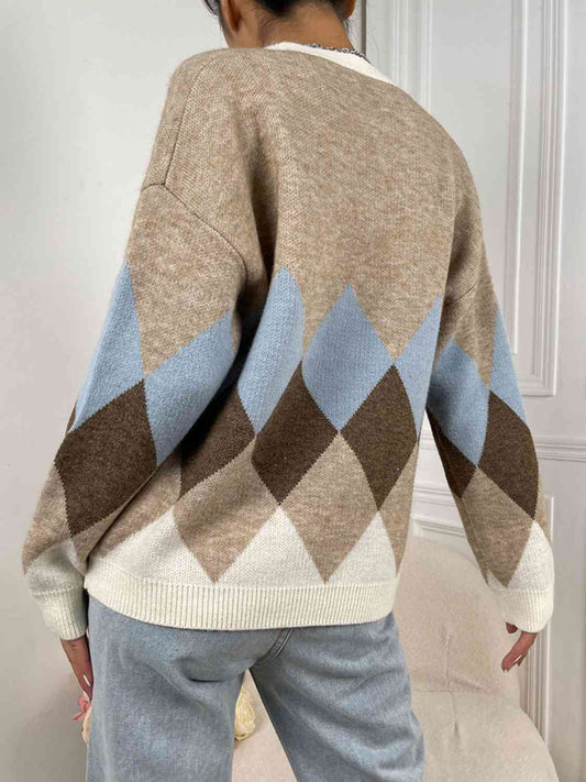 Geometric Button-Up V-Neck Dropped Shoulder Cardigan