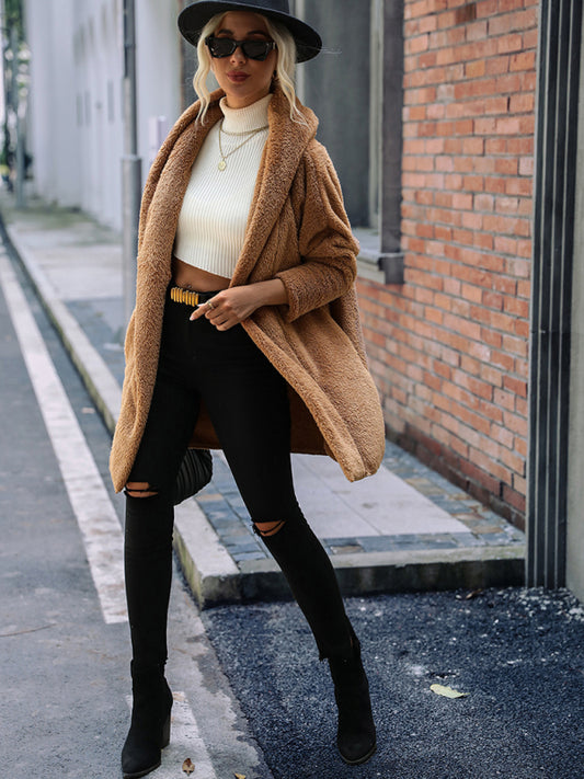 Women's reversible plush buttonless solid color loose long lapel cardigan