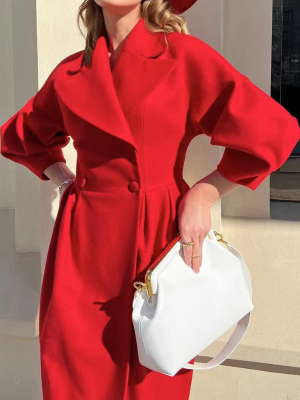 Women’s Long Statement Overcoat With Pleated Waist And Lantern Sleeves