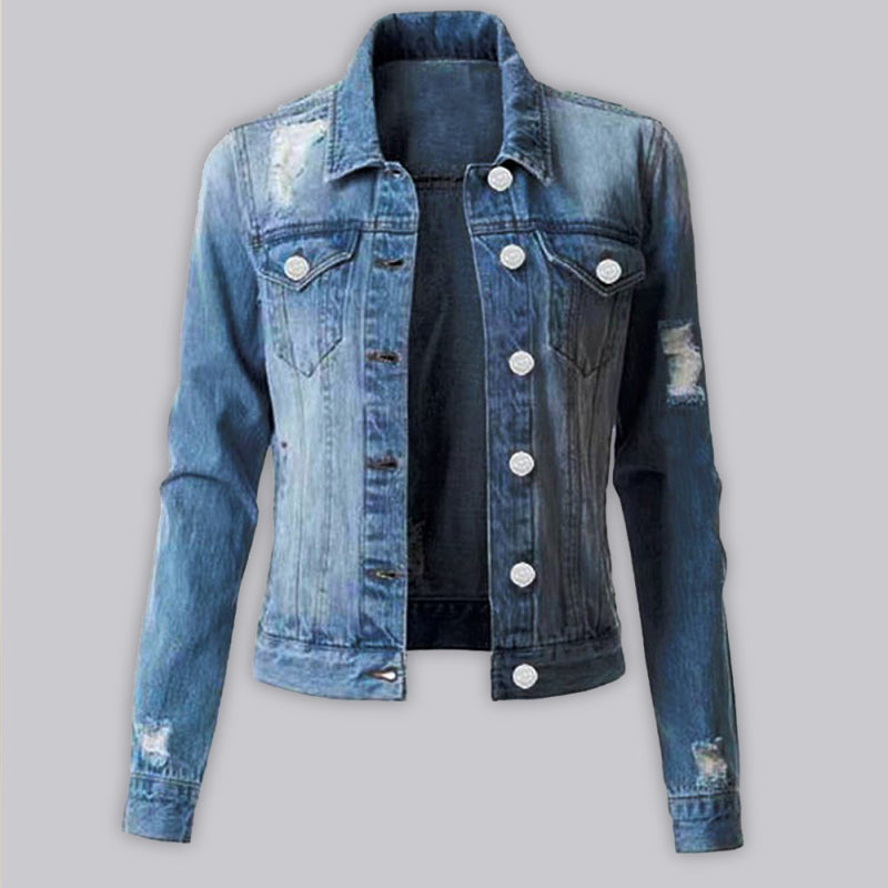 Women’s Spread Collar Distressed Non Stretch Denim Jacket