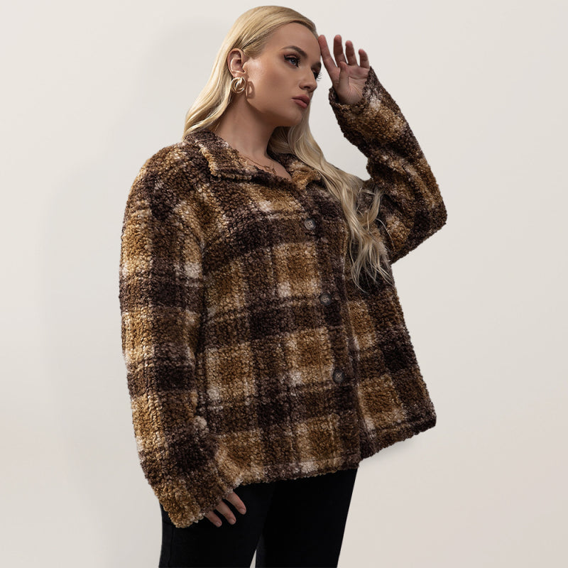 Women’s Plus Size Plaid Print Long Sleeve Plaid Fleece Lined Shirt Jacket